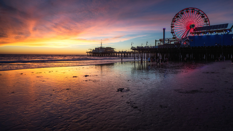 Sunset over the Santa Monica Pier in Los Angeles, CA