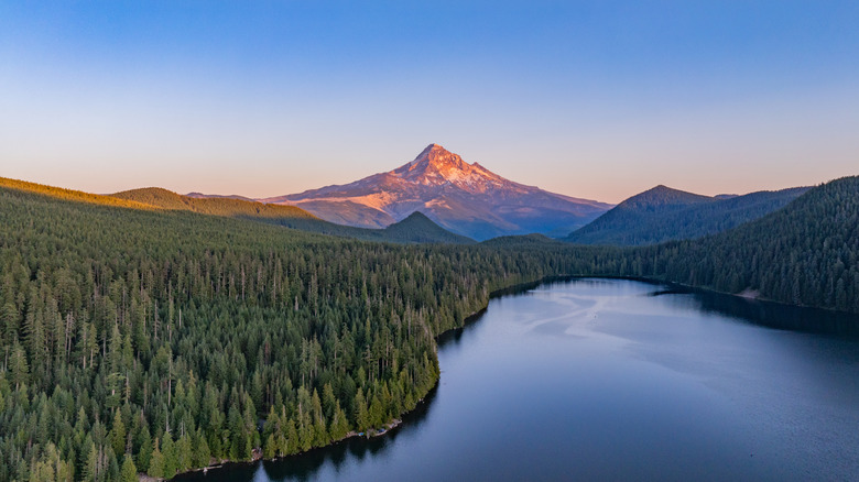 Mount Hood with a lake and wilderness in the foreground
