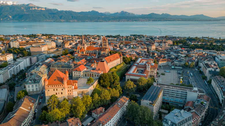 The town of Lausanne, Switzerland, by Lake Geneva and the Swiss Alps