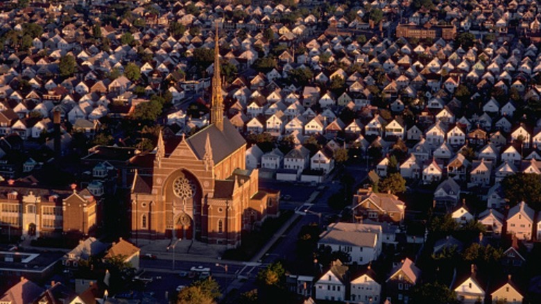 Aerial view of Hamtramck, Michigan homes and church