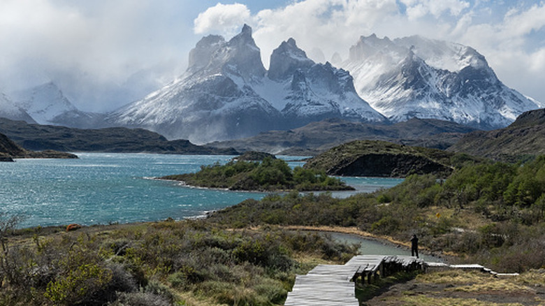 A view of Pehoe Lake and Torres Del Paine, including the Paine Massif.