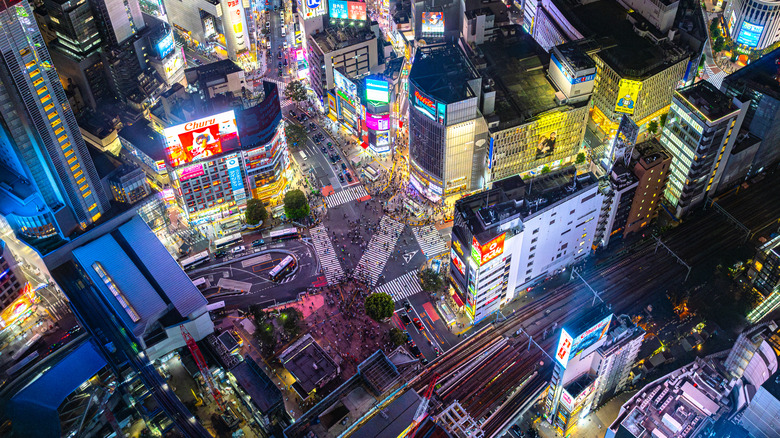 Shibuya Crossing and train tracks from above
