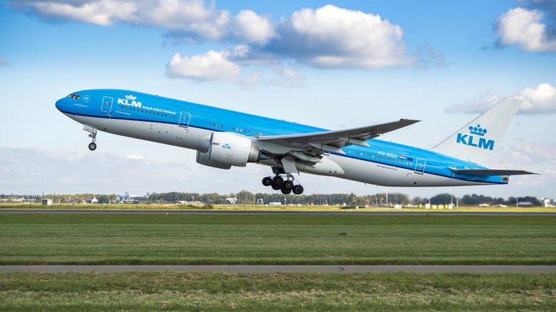 KLM flight takes off from Amsterdam Airport Schiphol in the Netherlands during the day