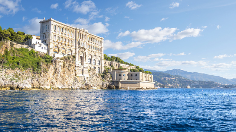 The facade of the Oceanographic Museum of Monaco from the water.