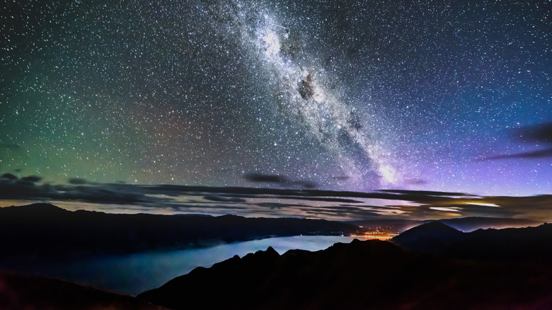 Panoramic view of the Milky Way from Isthmus Peak over Lake Wanaka