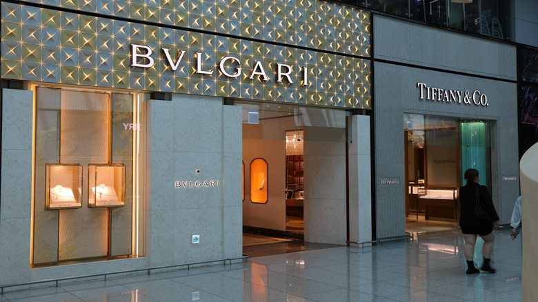 The facade of a Bulgari and Tiffany & Co. store at Incheon Airport in South Korea