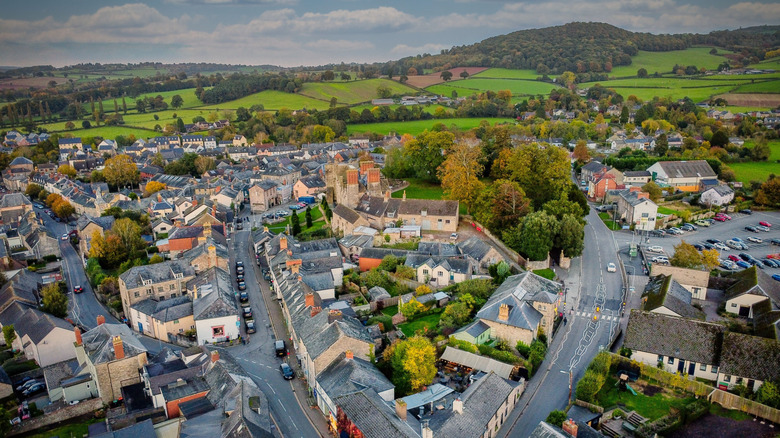 Drone view of the Welsh town Hay-on-Wye