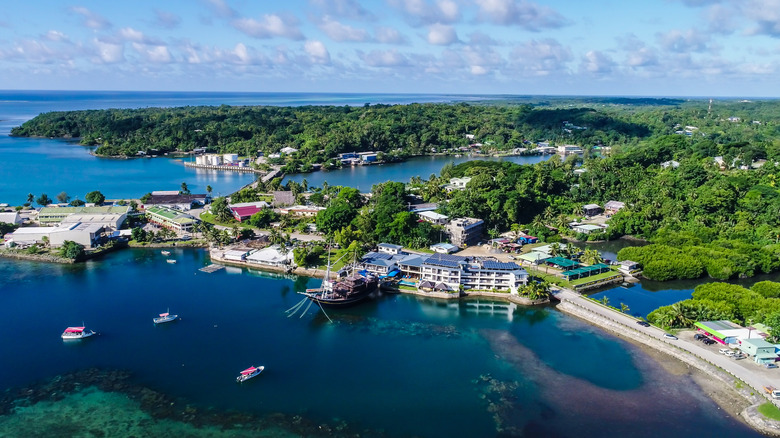 Aerial view of the island of Yap in the country of Micronesia, shot on a bright sunny day