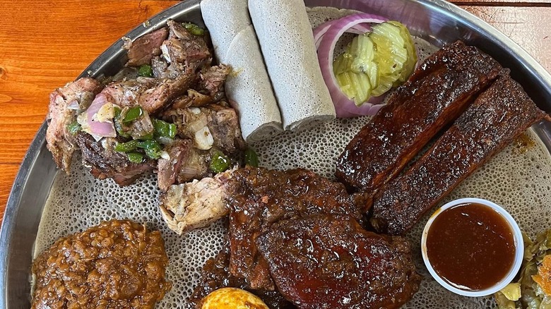 An Ethiopian barbecue platter at Smoke'N Ash BBQ in Arlington, Texas