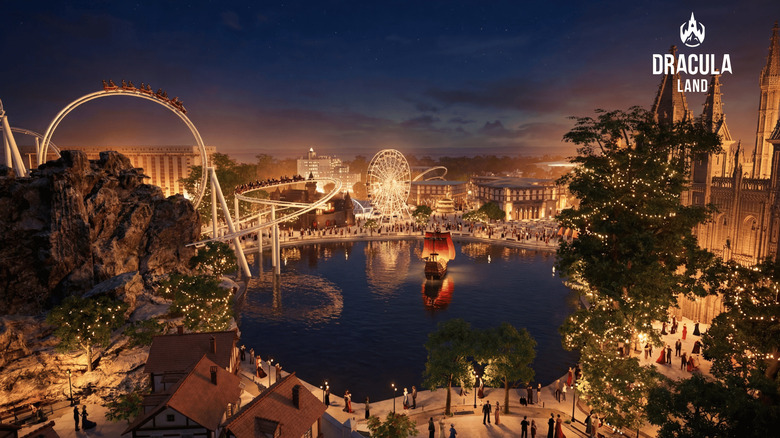 Rendering of the Dracula Land theme park in Romania with lit-up rides