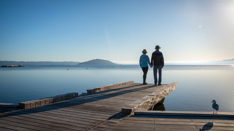 Couple holding hands in Rotorua, New Zealand, near Tutea Falls