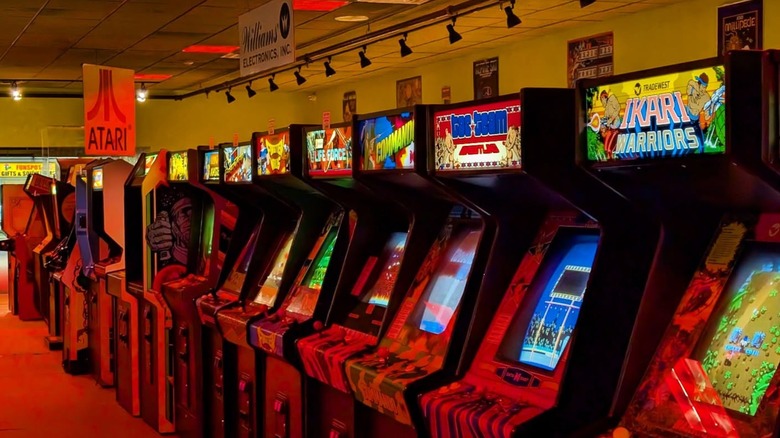 A row of arcade games at the American Classic Arcade Museum in New Hampshire
