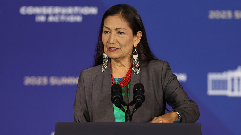 Former US Interior Secretary Deb Haaland giving remarks after Avi Kwa Ame is designated as a national monument.