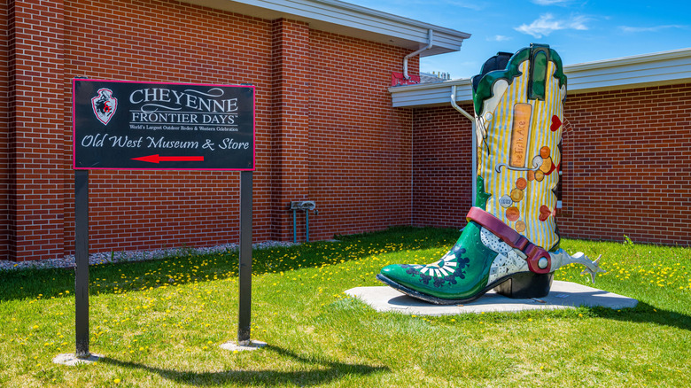 A large cowboy boot sculpture outside of the Cheyenne Frontier Days Old West Museum, Wyoming
