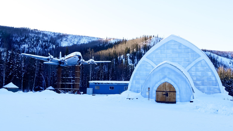 Outdoor view of the entrance of the Aurora Ice Museum in Fairbanks, Alaska