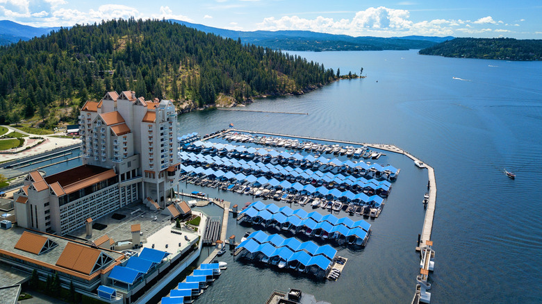 An aeriel shot of the Couer d'Alane Resort and Marina, along with its floating boardwalk