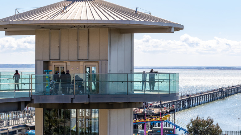 Southend Pier viewing tower with people staring over water, Southend-on-the-Sea, UK