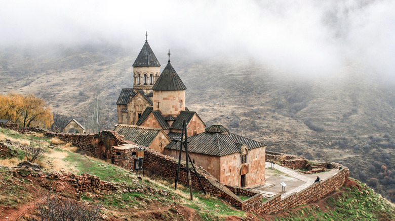 View of Noravank, a monastery complex built in the 13th century, near Areni in Armenia, pictured on a foggy day
