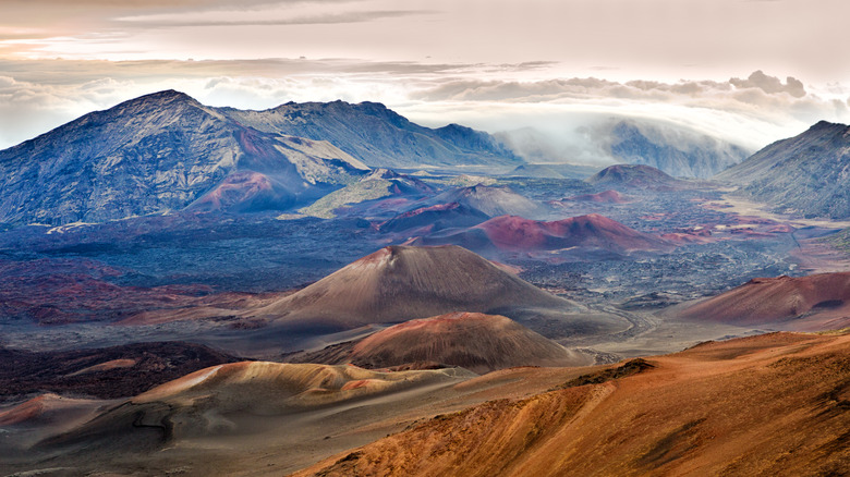 A volcanic crater sitting within the Haleakala National Park in Maui