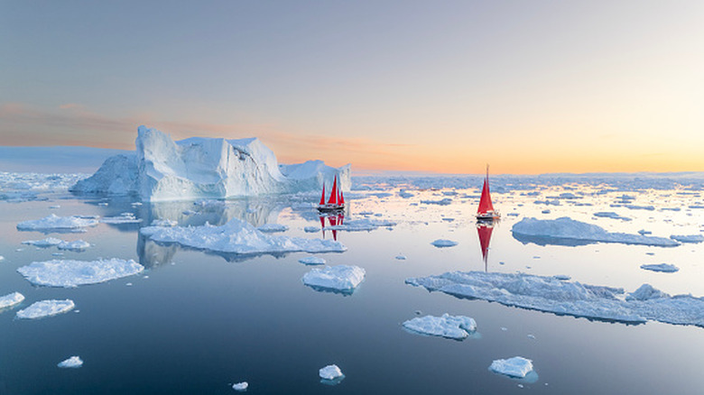 Barren Arctic landscape dotted with floating icebergs and few red sailboats