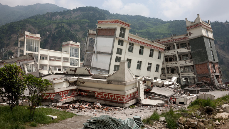 Earthquake-ravaged buildings in the mountains of China