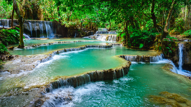 green natural pools and falls in Kuang Si Waterfalls