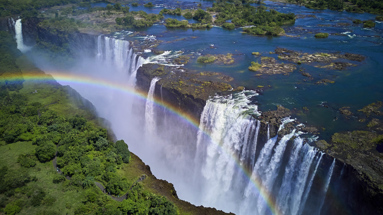 Victoria Falls from above with rainbow
