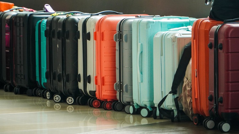 A line of colorful suitcases of various brands