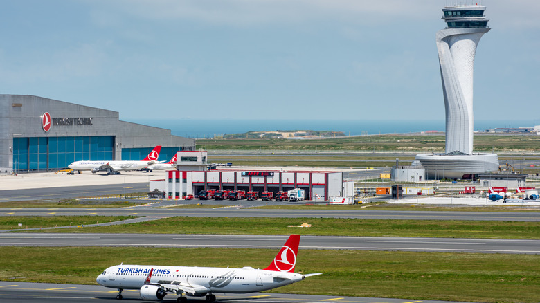 The flight runway and Air Traffic Control Tower and Istanbul International Airport