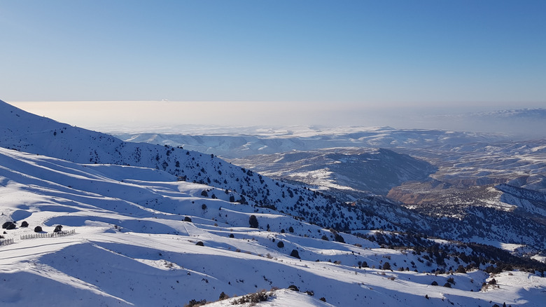 Aerial shot of snow-covered Amirsoy Resort in Uzbekistan