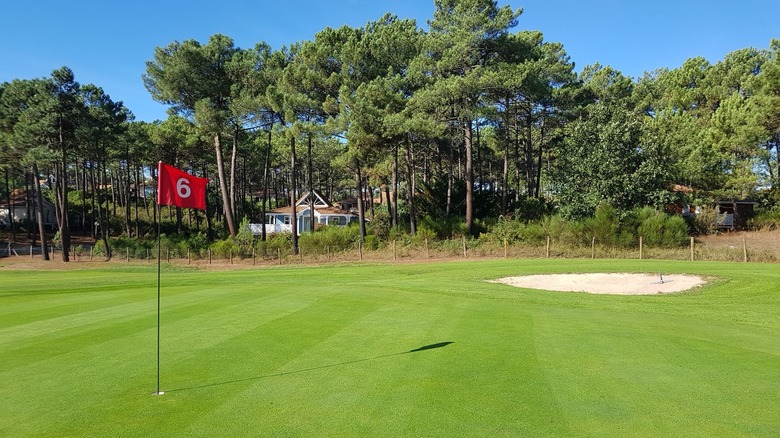Hole 6 at La Jenny naturist resort's golf course on a clear day with trees and a sand trap in the background