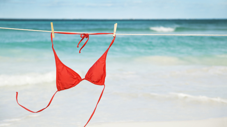 A red bikini top dancing in the wind on a clothesline along the beach.