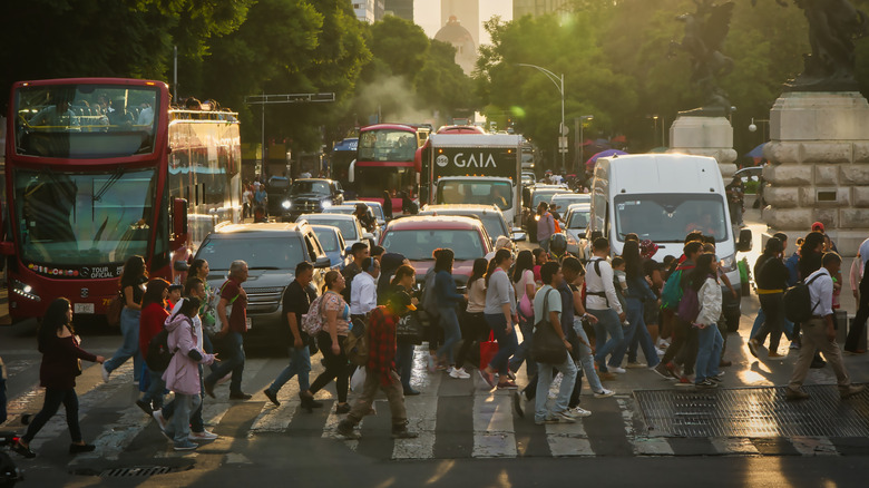Pedestrians crossing the street with view of traffic in Mexico City
