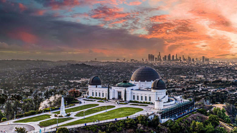 The Griffith Observatory at sunset, with downtown LA in the background