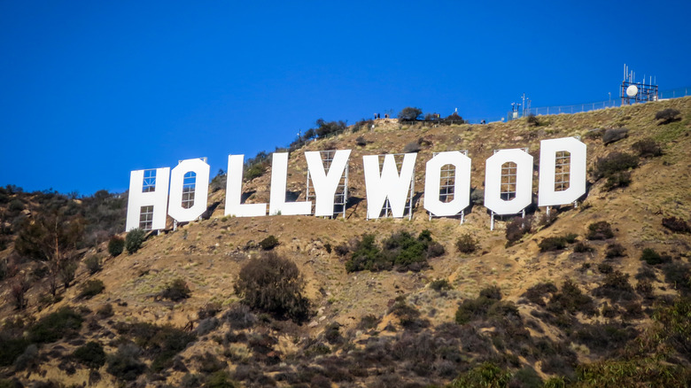 Front view of the Hollywood sign on the hill