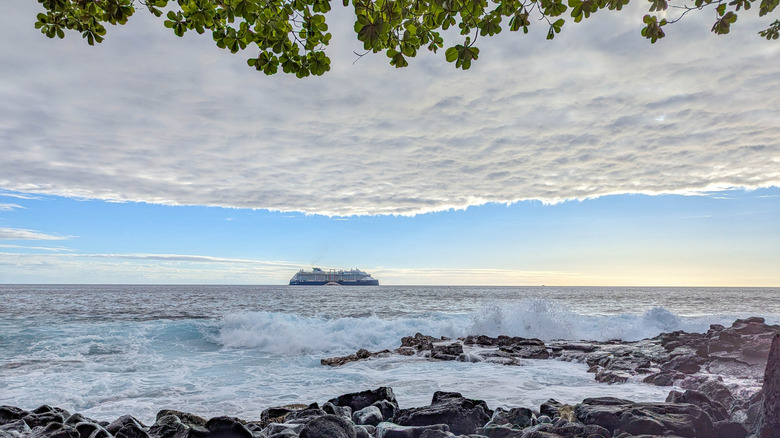 Celebrity Edge cruise ship anchored off the coast of Kailua Kona, Hawaii
