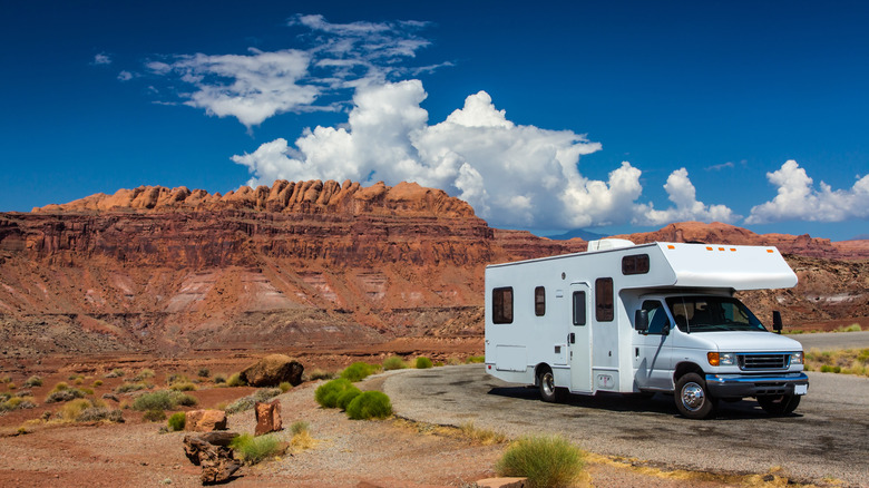 White RV parked in canyonlands