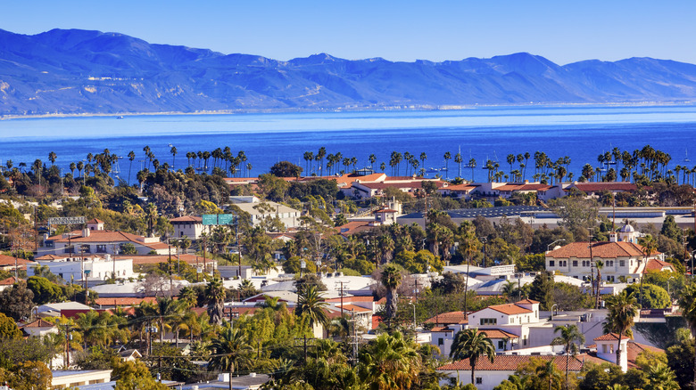 orange roofed houses by beach