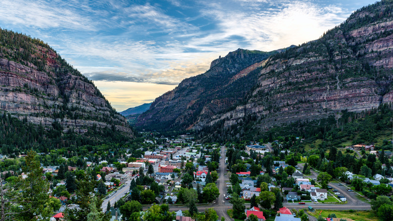 An aerial view of the town of Ouray, nestled between mountains