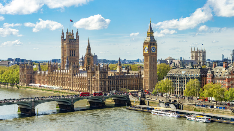 Aerial of Big Ben and Houses of Parliament overlooking Thames in London