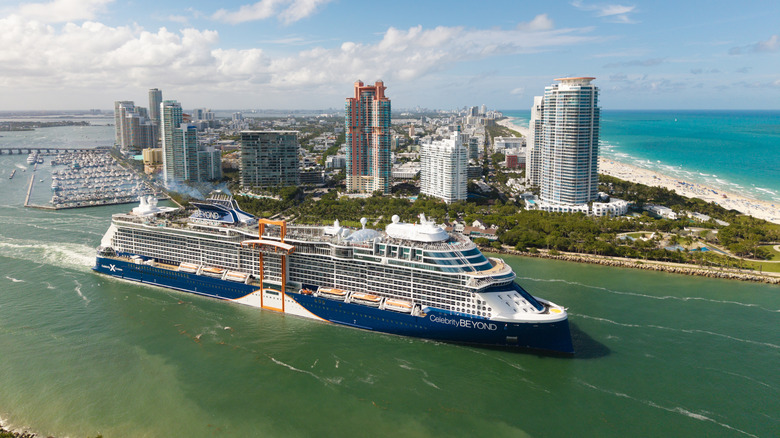 Aerial shot of Celebrity Cruises cruise ship leaving port