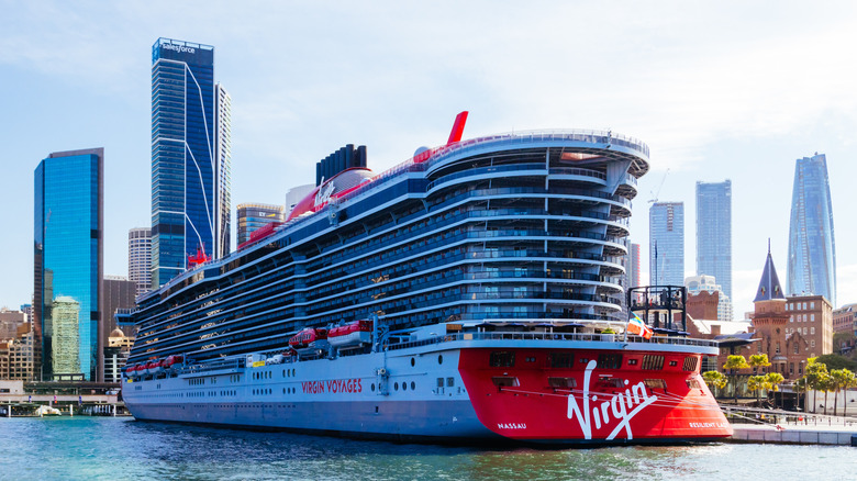 Rear of a Virgin Voyages cruise ship at port