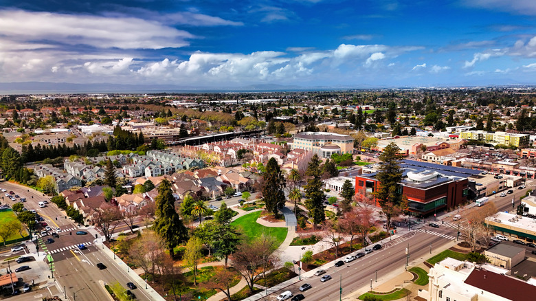 An arial view of the streets and city hall of Hayward on a sunny day.