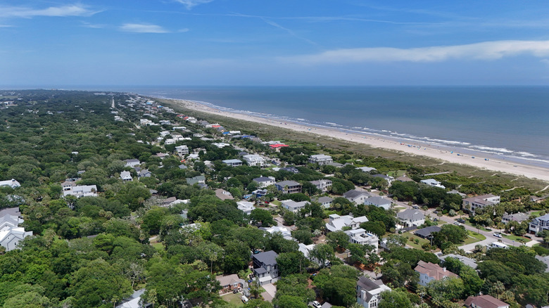 Aerial shot of the seven miles long Isle of Palms Beach