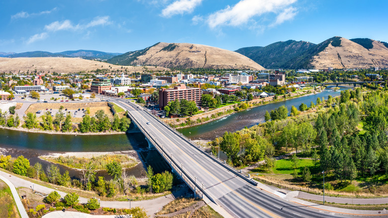 Aerial shot of Missoula, Montana atop Bear Tracks Bridge