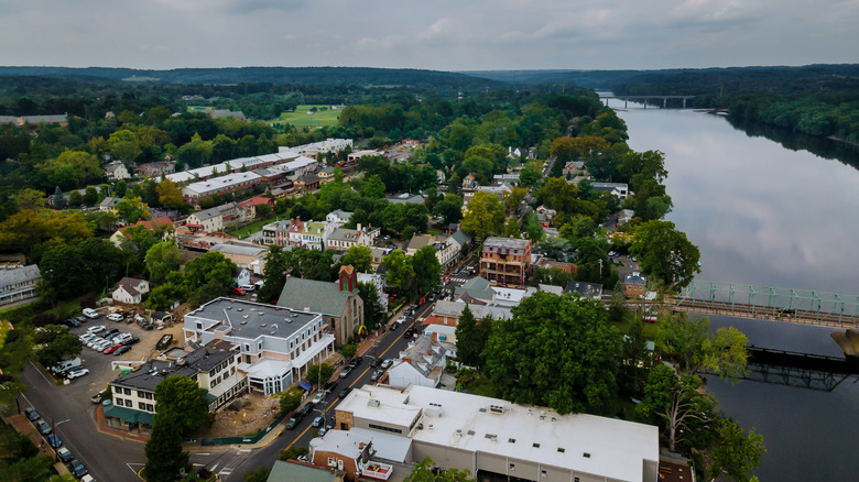 Aerial view of New Hope, Pennsylvania and the Delaware River
