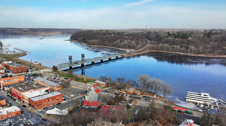 Panoramic shot of Stillwater, Minnesota with the St. Croix River and Stillwater Lift Bridge
