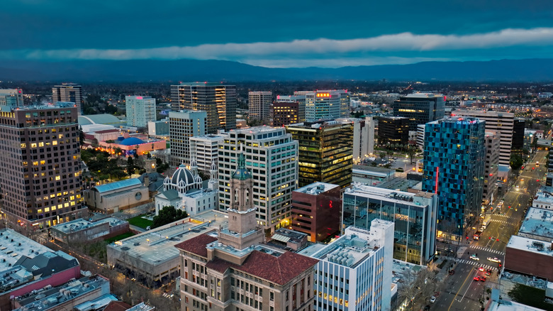 The city skyline of San Jose in the late evening