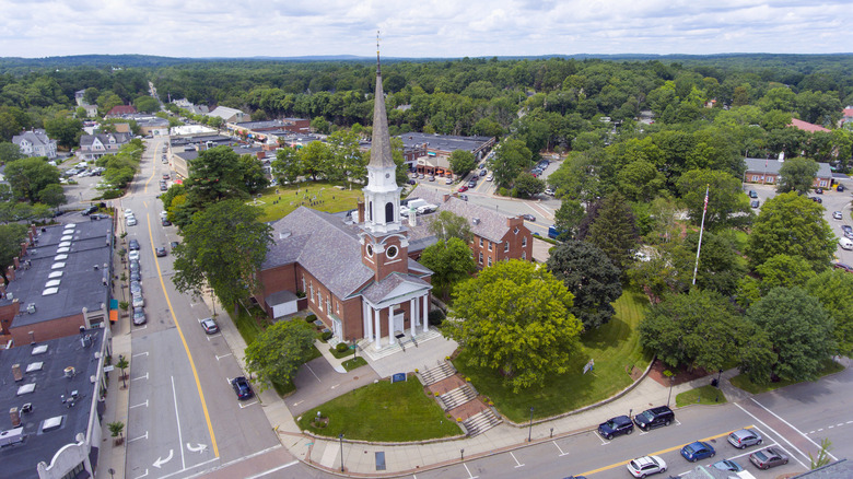 Aerial view of Wellesley and its congregational church