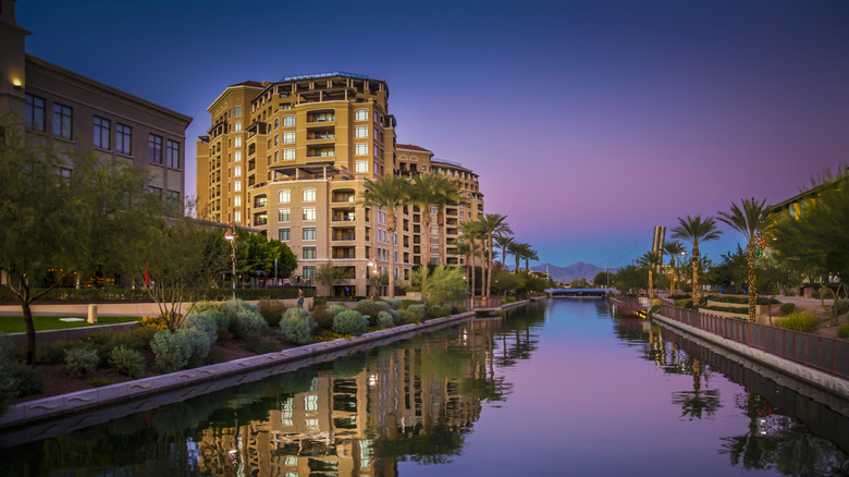 Canal running through Old Town Scottsdale at sunset